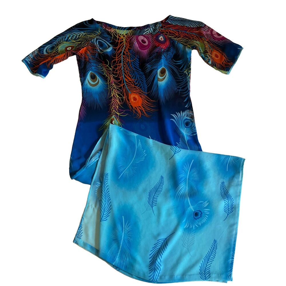 Ao Dai Vietnamese Long Dress Womens Small Blue Peacock Chiffon Snap No Pants S/S